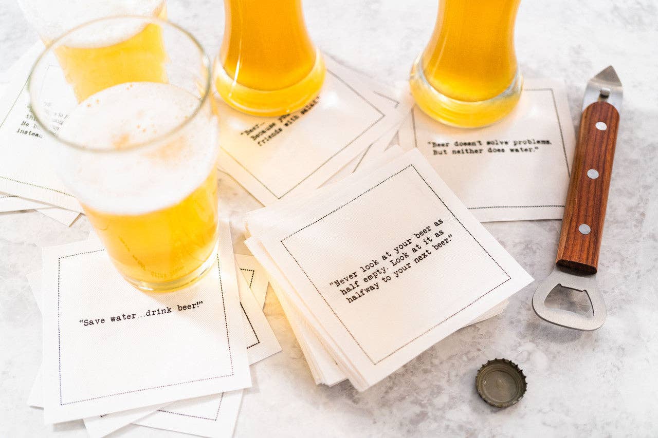 Five Star Napkins Inc. - Beer Quotes - White Cotton Cocktail Napkins x 50