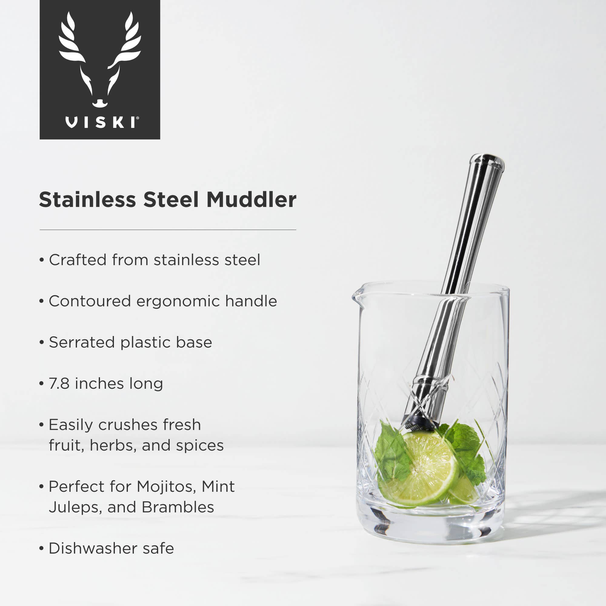 Viski - Harrison Polished Silver Finish Stainless Steel Muddler