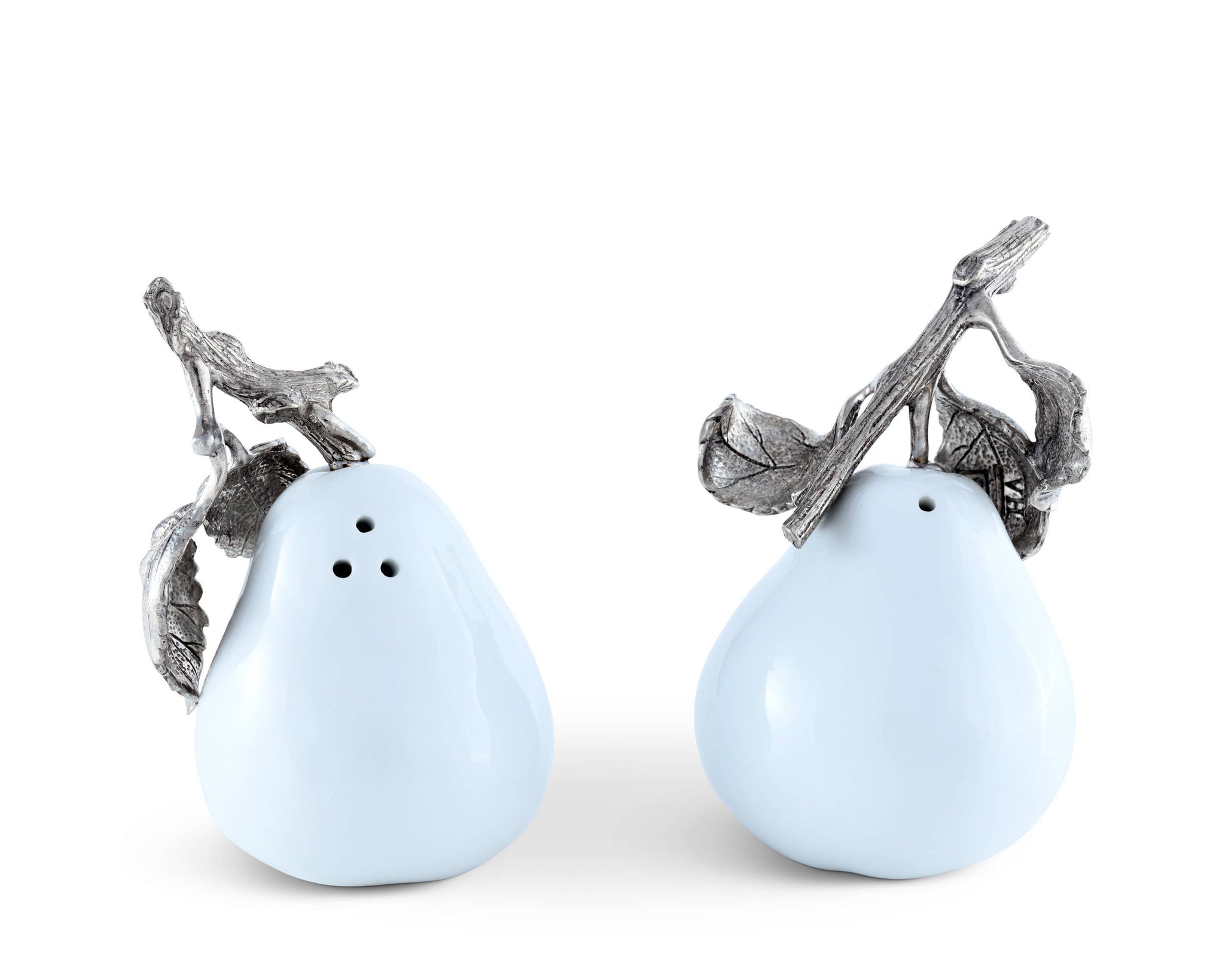 Vagabond House - Porcelain Pear Salt and Pepper with Pewter Leaf
