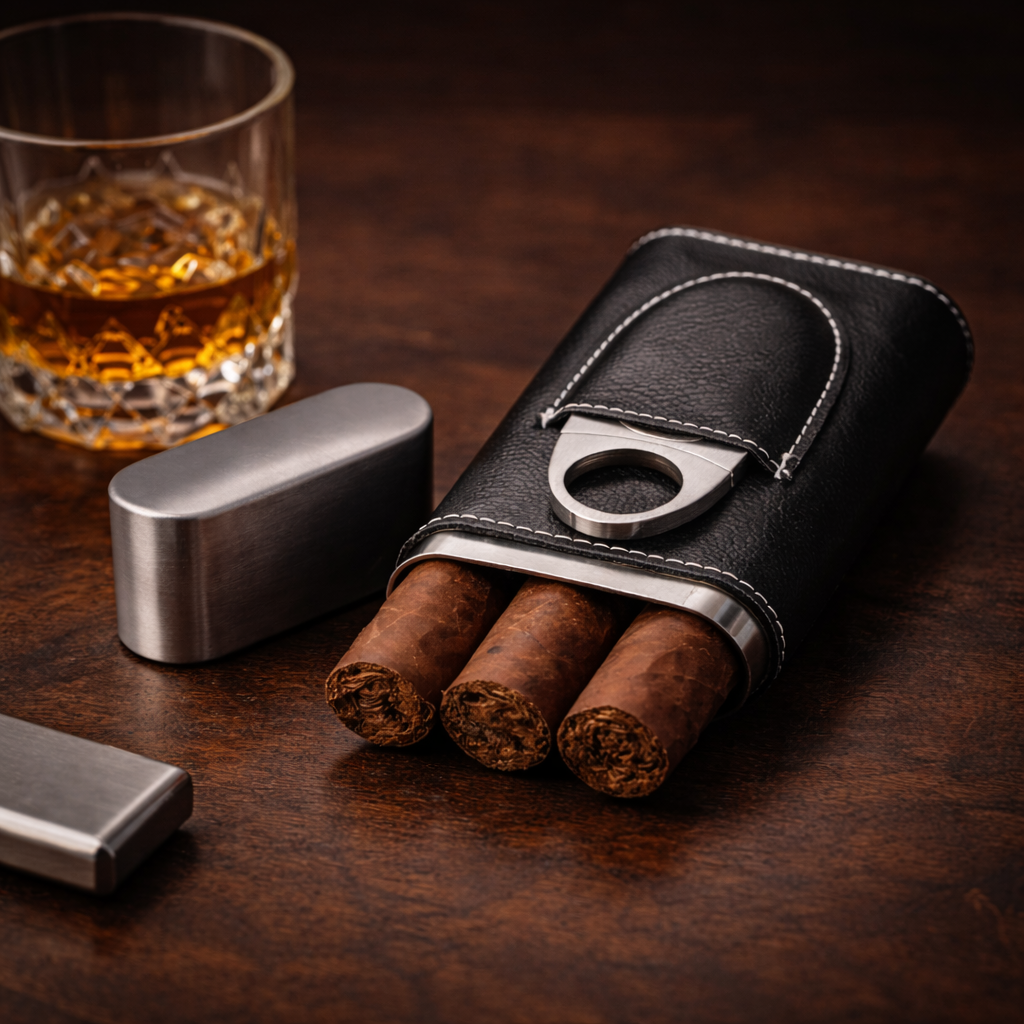BeyBerk International - Harrison Leather and Steel Cigar Case with Cutter